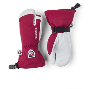 Hestra red and white three finger ski mittens with adjustable wrist strap
