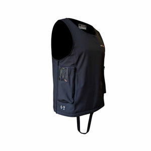 Side view of a black Glovii heated vest with a zippered pocket