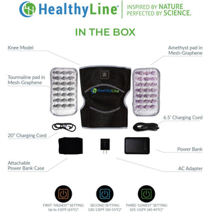HealthyLine knee model components including pads cords power bank and adapter with temperature settings