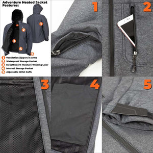 Mobile Warming Adventure Heated Jacket features including ventilation zippers waterproof pocket and moisture wicking liner