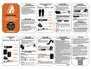 ActionHeat instruction manual for 3.7V battery heated accessories detailing charging and operation steps