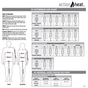 Action Heat 5V outerwear size chart with measurement instructions and body diagrams