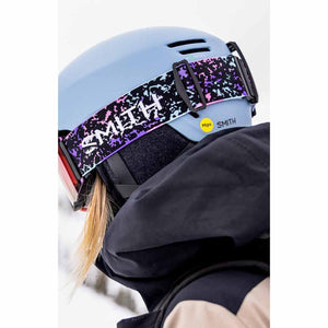 Smith Optics light blue ski helmet with patterned goggle strap