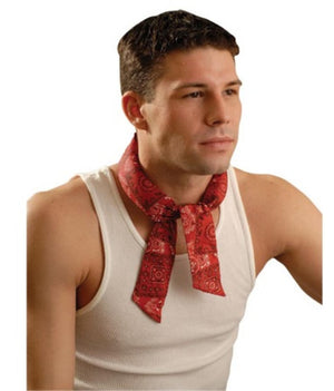 Man wearing a red paisley bandana tied around his neck with a white tank top