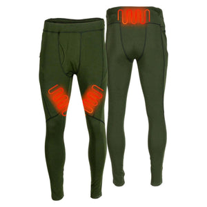 Mobile Warming olive green heated base layer leggings showing front and back views with highlighted heating zones