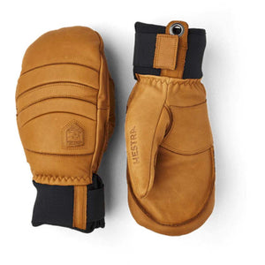 Hestra tan leather mittens with black cuffs