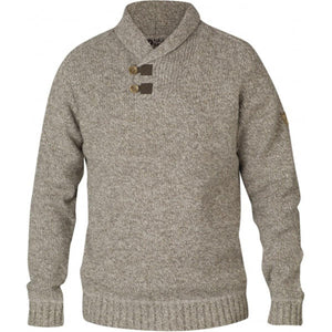 FjallRaven beige marled knit sweater with shawl collar and two button closure