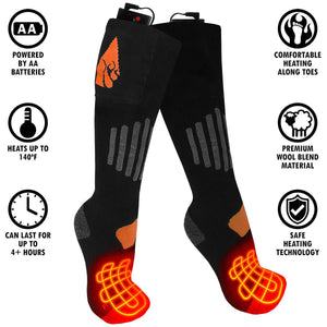 Temp360 black heated socks with AA battery power and wool blend material