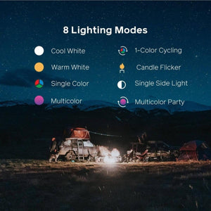 List of eight lighting modes including cool white warm white single color multicolor cycling candle flicker and party