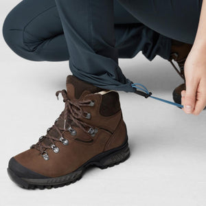 FjallRaven trousers with adjustable drawstring hem over brown hiking boots