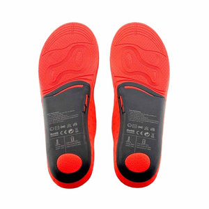 Pair of Glovii heated insoles with red and black design and printed care instructions
