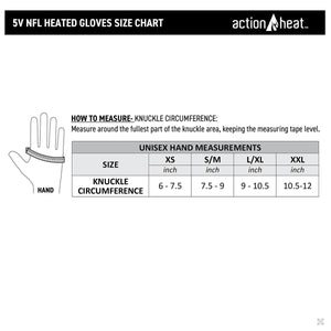 ActionHeat 5V NFL heated gloves size chart showing knuckle circumference measurements for sizes XS to XXL