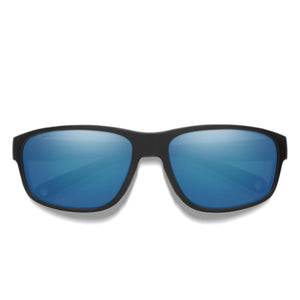 Smith Optics sunglasses with matte black frames and blue reflective lenses