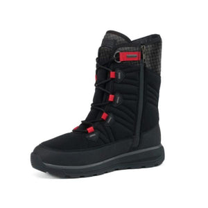 Black winter boot with red lace loops and side zipper
