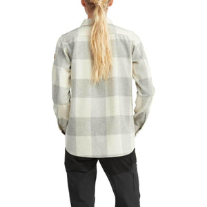 Back view of a person wearing a FjallRaven grey and white plaid long sleeve shirt