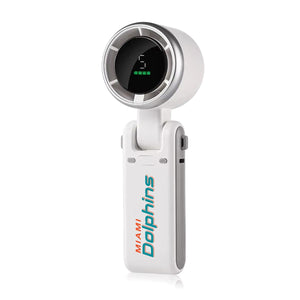 White handheld Miami Dolphins portable fan with digital battery display