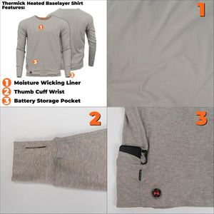 Fieldsheer Thermick heated baselayer shirt showing moisture wicking liner thumb cuff and battery storage pocket
