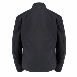Back view of a black softshell jacket with a high collar
