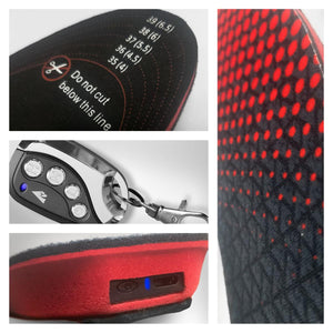 Heated shoe insole with size guide, remote control, and charging port