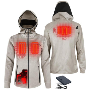 ActionHeat hooded jacket showing heating element locations with dimensions and battery pack