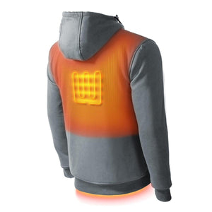 Back view of a grey heated hoodie showing internal heating elements