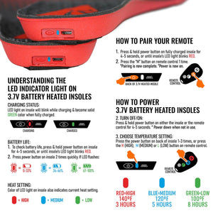 Instructions for pairing remote and operating 3.7V battery heated insoles including LED light indicators