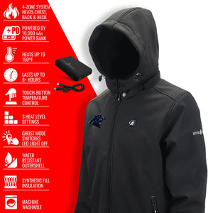 ActionHeat black hooded jacket with features list including 4 zone heating and 10000 mAh power bank