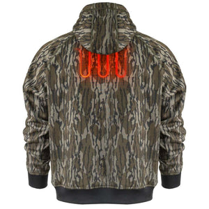 Mobile Warming camo hooded sweatshirt with visible red heating elements on the back