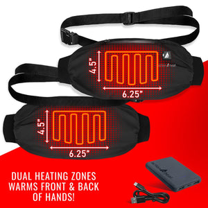 ActionHeat hand warmer with dual heating zones and battery pack showing dimensions of 4.5 inches by 6.25 inches