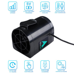 Alphacool portable fan with eight feature icons including three speed levels and USB charging
