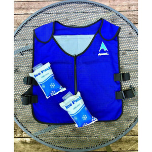 Blue Alphasoul cooling vest with two removable ice packs on a metal table