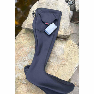 Black neoprene leg sleeve with a small external pocket containing a smartphone resting on a rock