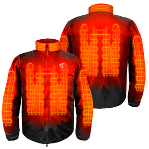 Front and back view of a black heated jacket with glowing orange heating elements visible