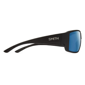 Smith Optics black sunglasses with blue mirrored lenses viewed from the side