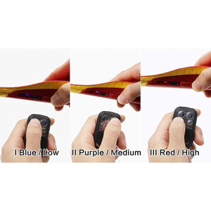 Three heat settings for heated insoles shown by blue purple and red lights controlled by a remote