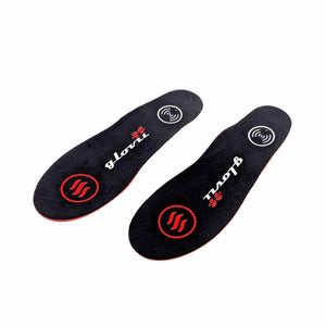 Pair of black Glovii heated shoe insoles with red heat icons and wireless signal symbols