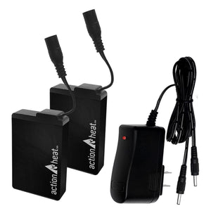 Two ActionHeat battery packs and a wall charger with cable