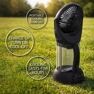 Black portable cooling fan on grass with text overlays highlighting features