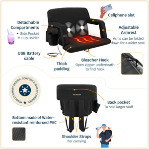 Alpcour Reclining Heated Massage Stadium Seat with Armrests - Wide/Black