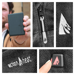 ActionHeat battery pack, zipper detail, logo embroidery, brand name, and power button