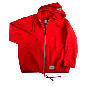 Red fleece zip up hoodie with Raaz branding