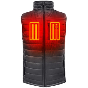 Black heated vest with glowing orange heating elements on the chest
