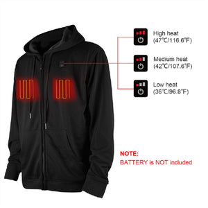 Dr Warm black heated hoodie showing three temperature settings and battery exclusion note
