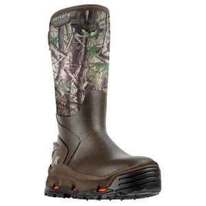 Korkers camouflage rubber hunting boot with brown lower and black lugged sole