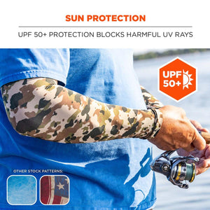 Person wearing camouflage arm sleeves with UPF 50 plus sun protection while fishing