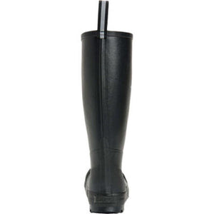 Back view of a black Muck tall rubber boot with a pull tab