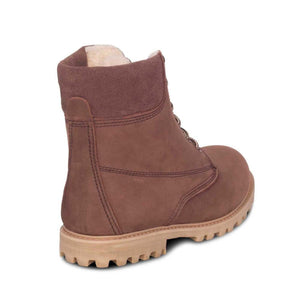 Cloud Nine Sheepskin brown suede lace up boot with cream lining viewed from the back
