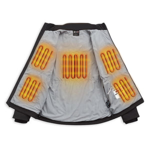 Interior view of Venture heated jacket showing five glowing heating elements