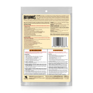 Back of Hothands lap warmer packaging with instructions and safety warnings in English and Spanish