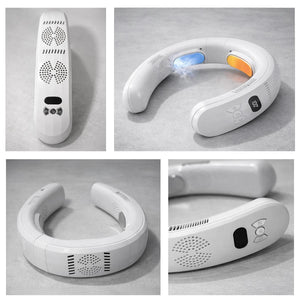 White wearable neck fan with digital display and control buttons